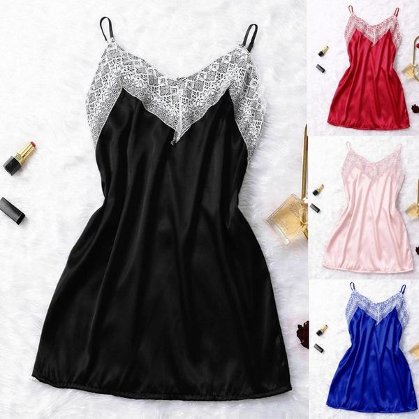 

silk satin night dress women short sleepwear v-neck lingerie nightdress underwear blue lace lingerie set p3, Black;red
