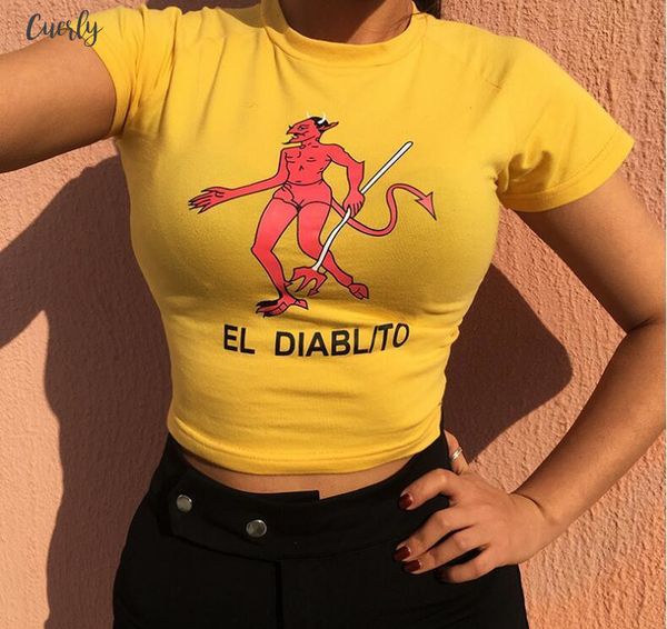 

2020 new fashion woman clothes cartoon devil print summer used o neck t v neck shirt drop shipping, White