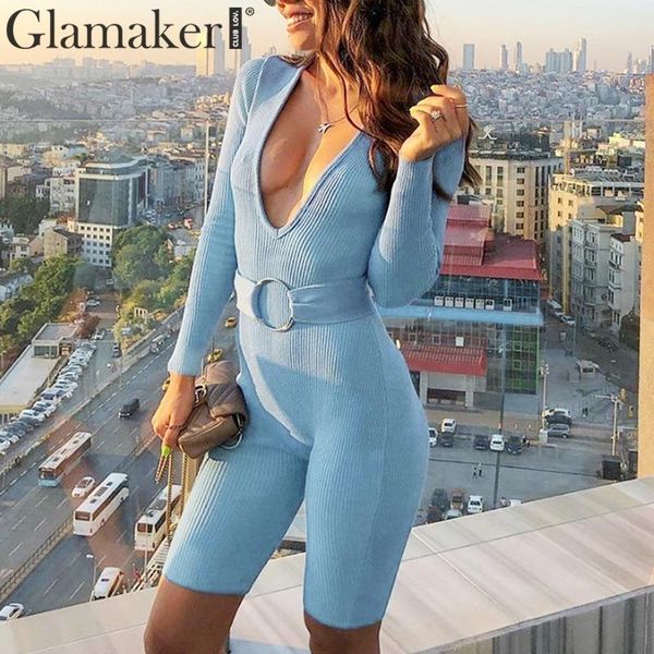 

glamaker deep v neck knitted playsuit autumn women belt bodycon short jumpsuit rompers streetwe party streetwear overalls winter, Black;white