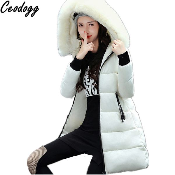 

ceodogg 2017 new large fur collar winter coats women letter slim thick warm cotton parkas medium-long hood casaco feminino inver, Black