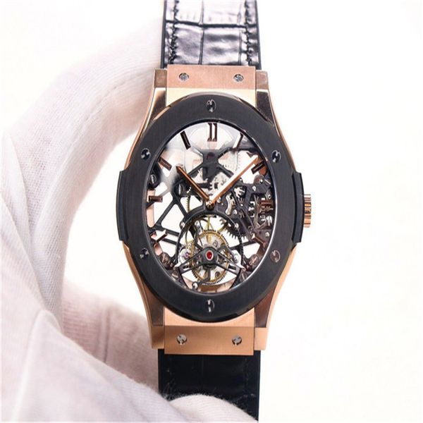 

jb factory true tourmaline 6010 manual chain movement watch by 45mm18k platinum natural rubber watchband hollow dial anti-dazzle sapphire cr, Slivery;brown