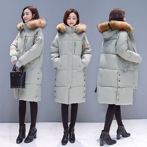 

large fur collar hooded cotton coat female winter 2019 new style mid-length over-the-knee cotton-padded clothes slim fit warm co, Blue;black
