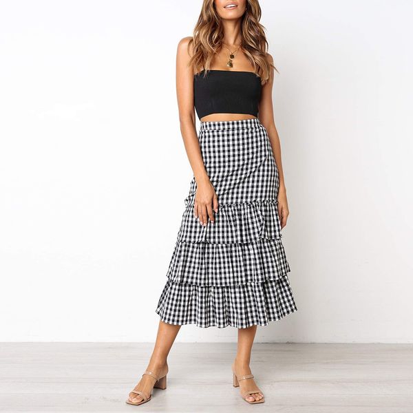 

fashsiualy women clothes 2019 summer high waist skirts lady layered ruffles skirt plaid lolita party skirts women elegant skirt, Black