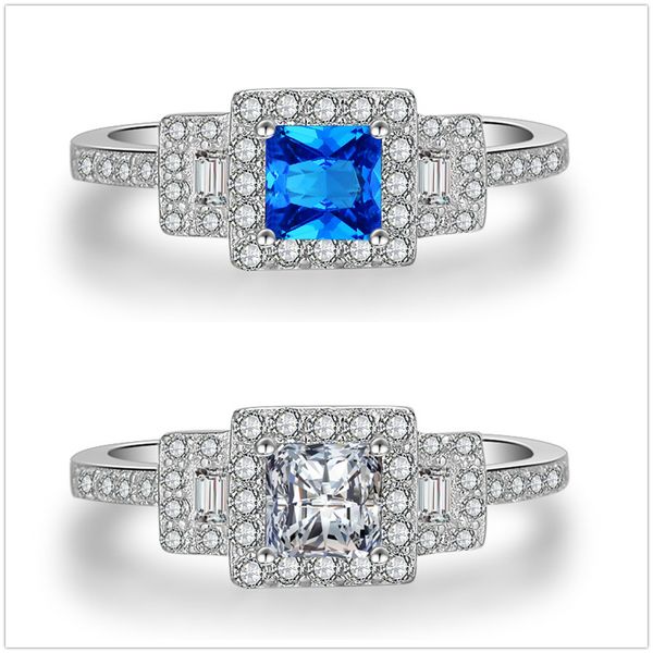 

women silver plated white golden classic europe&america contracted design blue zircon inlaid square dance party anniversary ring, Golden;silver