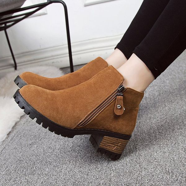 

chunky heels short boots women fashion casual pure color round toe zipper ankle boots vintage women shoes zapatos de mujer, Black