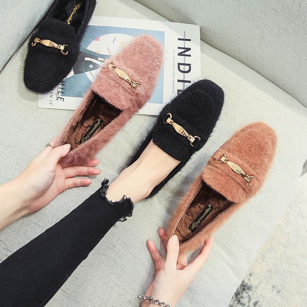 

single shoes women's 2019 autumn and winter new style fluffy shoes women's outer wear anti-slip moccosins plus velvet l, Black