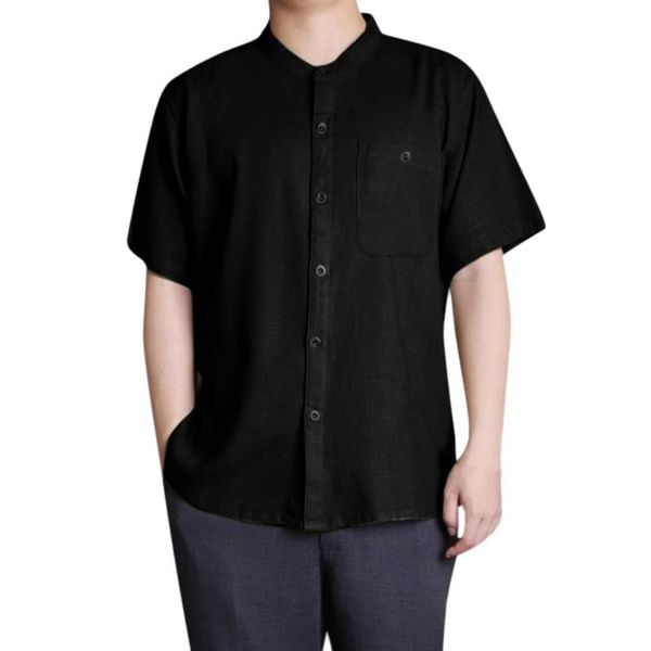 

chamsgend short sleeve male shirt cotton and linen men's baggy cotton linen solid button short sleeve retro shirts blouse, White;black