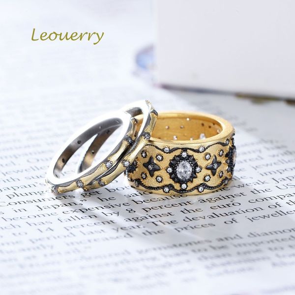 

leouerry 3pcs/set 925 sterling silver 4a zircon multi layer rings for women palace style luxurious zircon silver 925 jewelry, Golden;silver