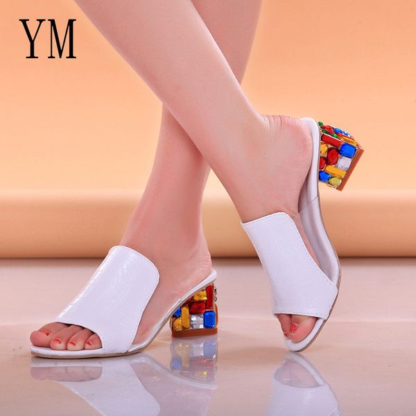 

2018 brand large sizes 35-41 colorful rhinestone crystals heels peep toe summer women's shoes woman sandals slippers y200405, Black