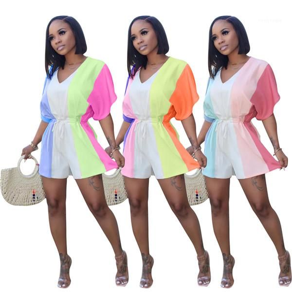 

дизайнер v шеи контрастных цветов прямых rompers женщины ol талия вниз штаны женщины радужной печати мода комбинезоны лето, Black;white