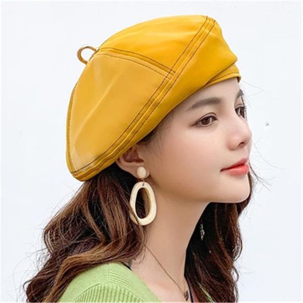 

autumn winter pu leather beret cortex hat female berets leisure fashion pumpkin hat beret femme girls berets caps for women, Blue;gray