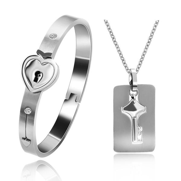 

uloveido stainless steel lock and key necklace and bracelet matching jewelry for men and women, Golden;silver