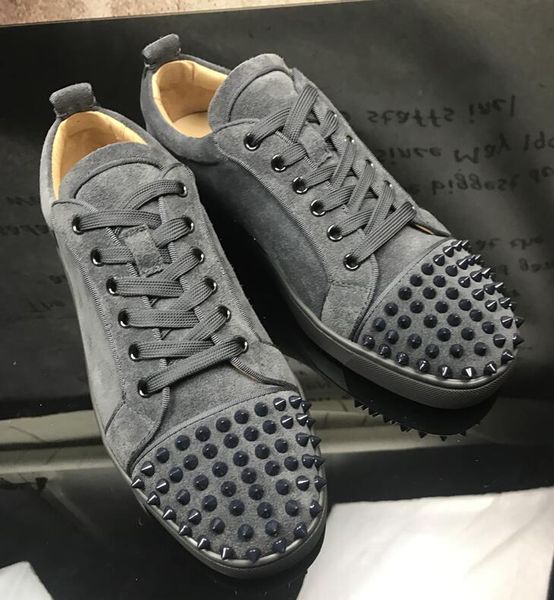 

men & women brand gray suede leather red bottom low rivets fashion sneakers, luxury lace up flats, comfortable casual shoes, Black
