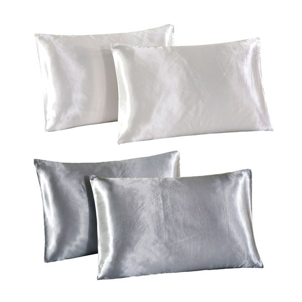 

2 pair solid color luxury silky pillowcases queen size (20x30\") white& gray