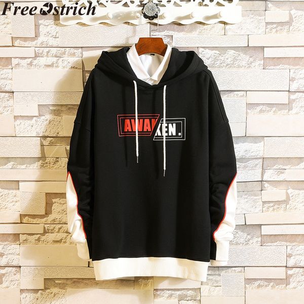 

pullover men hooded sweatshirts letters loose long sleeve patchwork winter coat plus size sports sweatshirts hip hop casual, Black