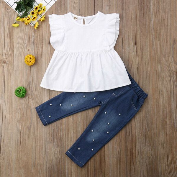 

малыш дети baby girl 2pcs set 100% хлопок сборки футболки топы + denim жемчужные брюки нижнее одежда new, White