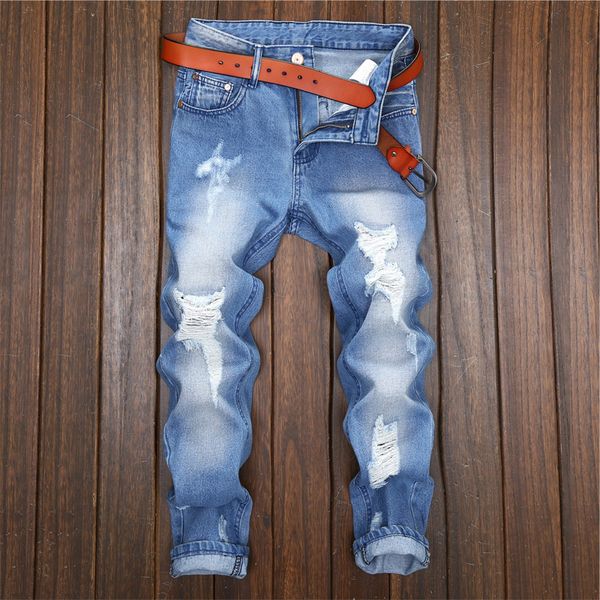 

new men's ripped denim jeans for man fashion distressed high street hole design ankle length biker jeans, Blue