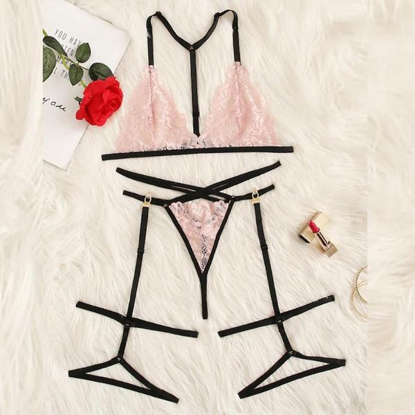 

bras sets pink applique sheer lace lingerie set with choker women see through intimates 2021 transparent underwear bra and briefs b4, Red;black