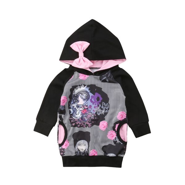 

toddler baby girls fashion lovely autumn hoodies cartoon girls print long sleeve hooded pullover warm clothes outfit 1-6y, Black