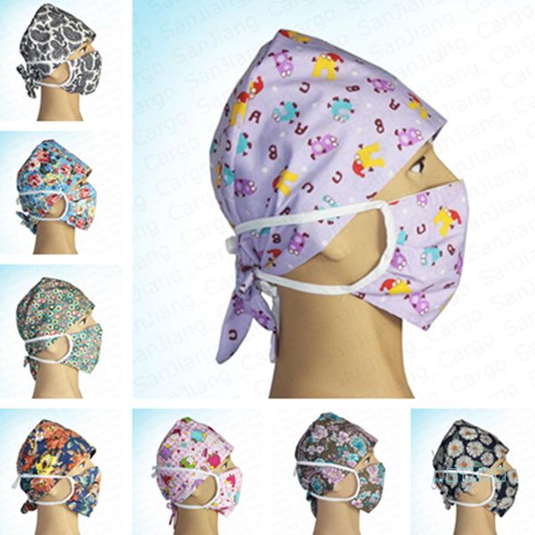 

floral flower nurse cap doctor hat and face mask 2 piece set washable floral cartoon protective cotton masks nursing headwear e41403, Yellow