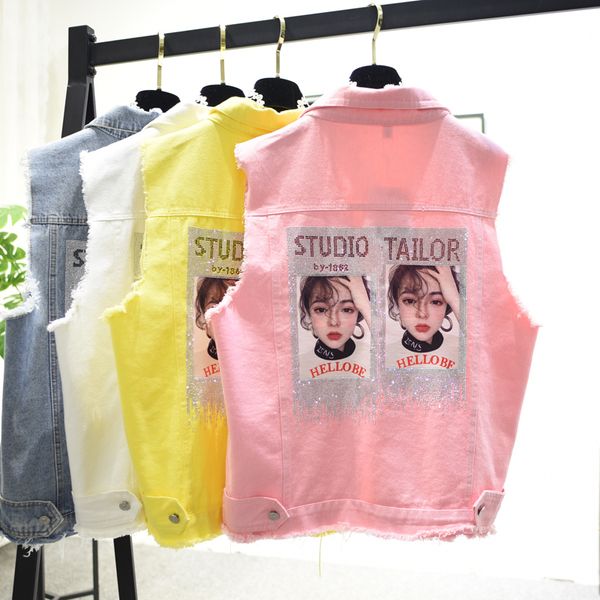 

loose hole denim veste femmes 2019 new korean diamond printed womens sleeveless jacket pink yellow summer vest female waistcoat, Black;white