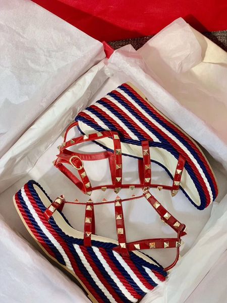 

elegant summer calfskin leather ankle strap wedge caged rock studs platform wedges sandals women high heels party dress eu35-42, Black