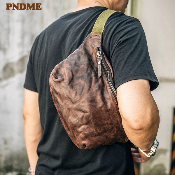 

pndme fashion vintage genuine leather men's chest bag soft cowhide teens pleated waist pack casual simple fanny bag