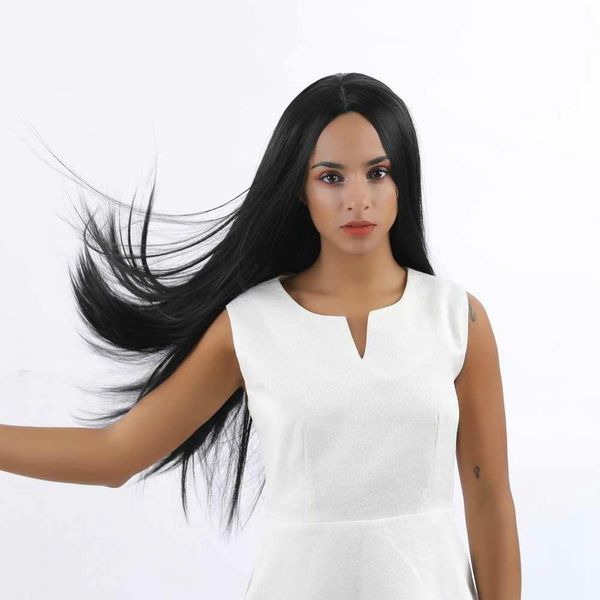 

silk straight long black synthetic wigs natural black color for black women heat resistant middle part
