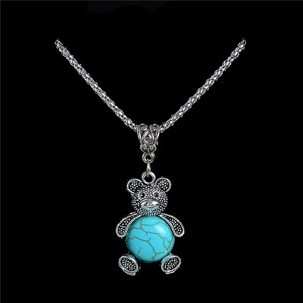

new arrival cute animal bear tibetan silver turquoise necklaces fashion long chain turquoise jewelry for women