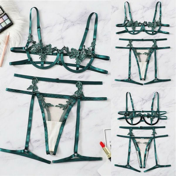 

Eoxtic Apparel Hot Sexy-Lingerie Women Open Cup Babydoll Chemise Backless Set Sleepwear G-String US Green Floral Hollow Out, Black;white