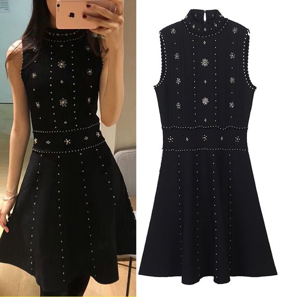 

new ss open back beaded knitted skirt black waist show thin dress, White;black