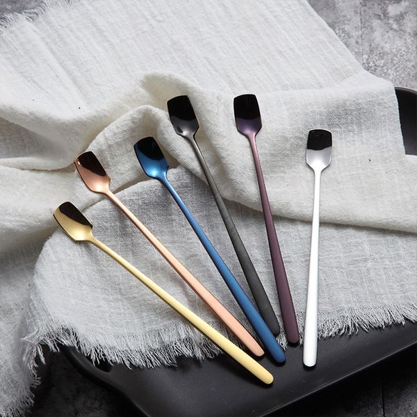 

304 stainless steel long handle coffee stirring ice spoon creative colorful ice spoon korean style gold-plated square head spoons t3301