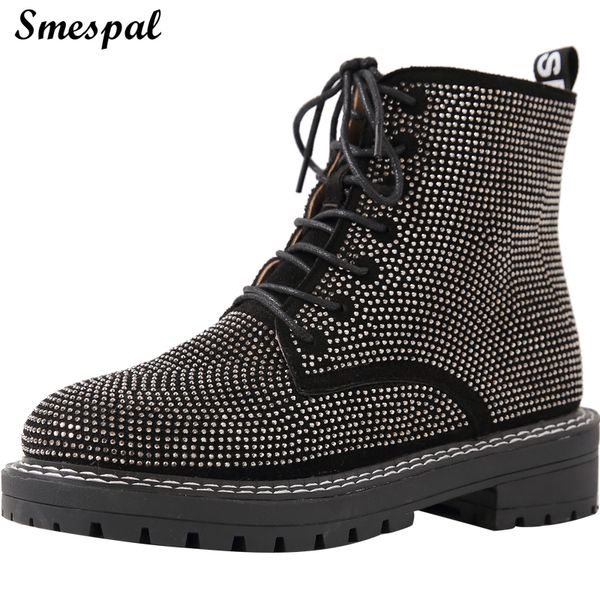 

women glitter rhinestones lace up 4 cm heeled boot riding boots, Black