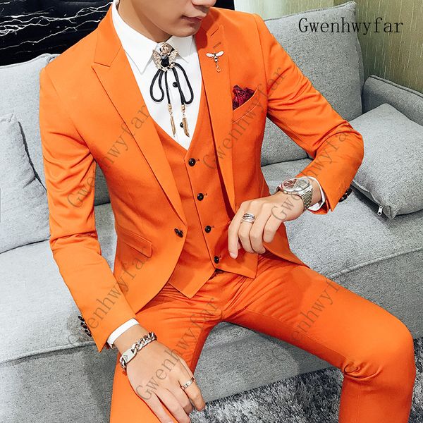 Moda masculina Hot Laranja Ternos de Casamento Para Os Homens Slim Fit Formal Do Noivo Blazer Prom 3 Peça Smoking Masculino Casaco Jaqueta Calças Masculino