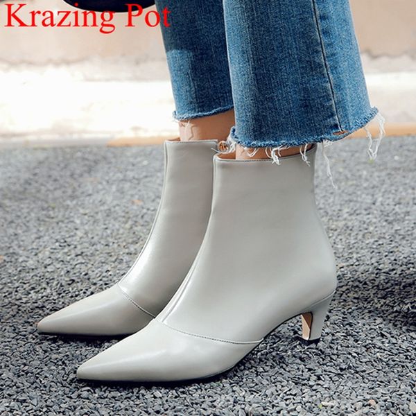 

2019 new arrival pointed toe zipper cow leather thin heel ankle boots high heels solid office lady keep warm winter shoes l00, Black