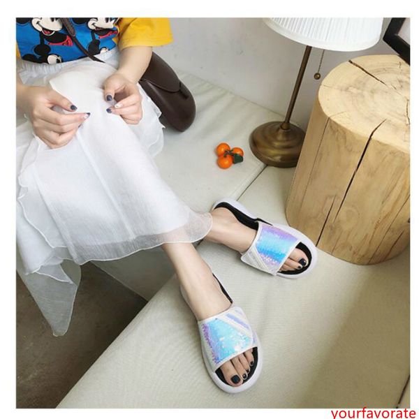 

sandals and slippers female summer wear 2019 new wild silver sequins slippers female students casual beach shoes