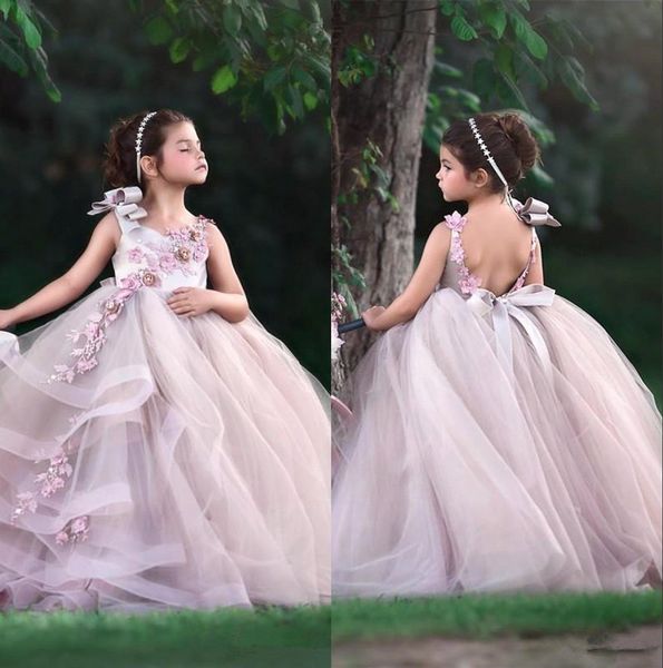 

scoop neck tulle layered ruffles a line flower girls dresses 3d lace applique beaded girls' birthday dresses formal party wears bc2277, White;blue