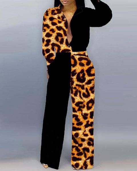 

colorblock insert leopard jumpsuit elegant long sleeve jumpsuit women, Black;white