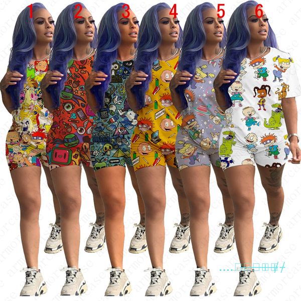 

women designer tracksuit summer shorts outfits cartoon print t-shirt + shorts pants 2pcs set s-3xl sport suit home cloth pajamas d5703, Gray