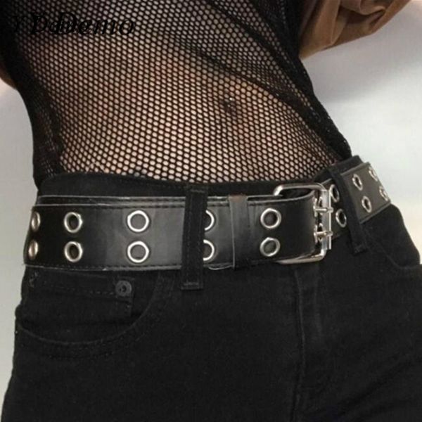 

punk streetwear wide pu leather women belt harajuku double holes adjustable belts, Black;brown