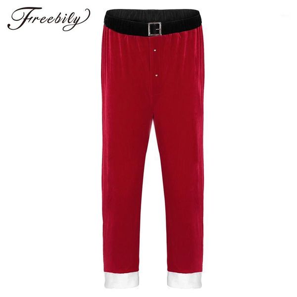 

red mens soft velvet christmas santa claus long pants cosplay costume loose trousers1, Black;red