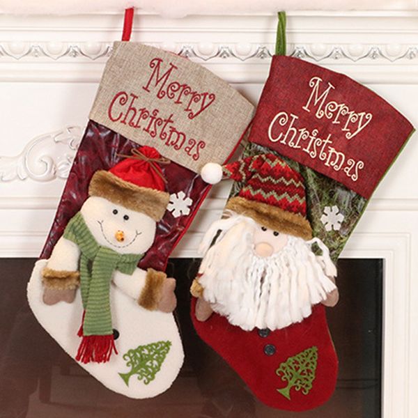 

2020 large christmas stocking santa claus sock plaid burlap gift holder christmas tree decoration new year gift candy bags
