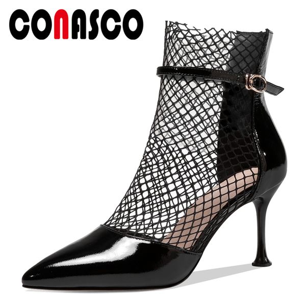 

conasco euro style fashion new women cow patent leather summer ankle boots pointed toe mesh ankle strap buckle boots woman, Black