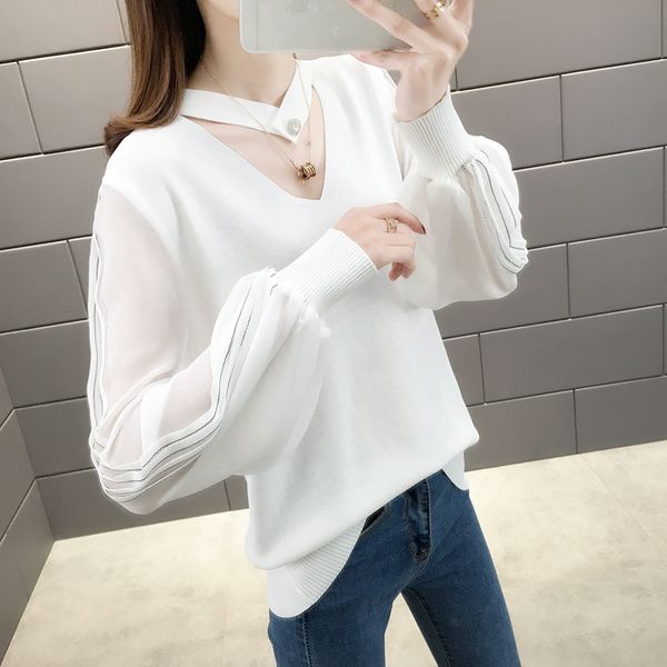 

room 156795, row 1, no. 2] new v-neck hollow solid color ice knitwear 45, White