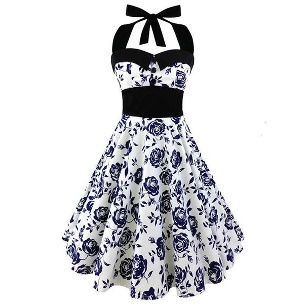 

women designer clothes woman dresses halter dress summer women floral print femme vintage dresses rockabilly prom party dress, Black;gray