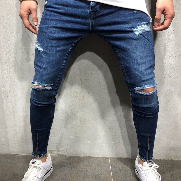 

men's denim pants stretch destroyed ripped design fashion ankle pants zipper skinny jeans for men jeans, Blue