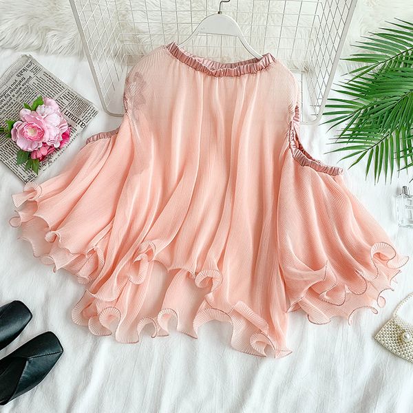 

2019 new fashion women's blouse shirt round neck off-the-shoulder flare sleeve double-layered ruffled solid chiffon shirt, White