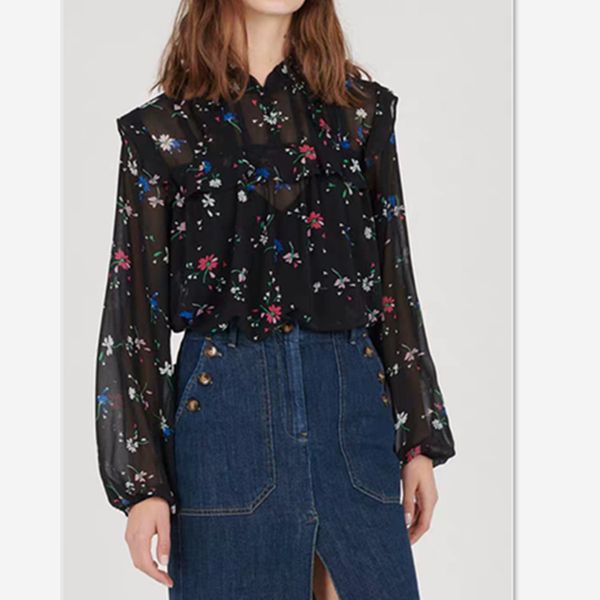 

women shirt 2019 autumn and winter new print ruffled top, White