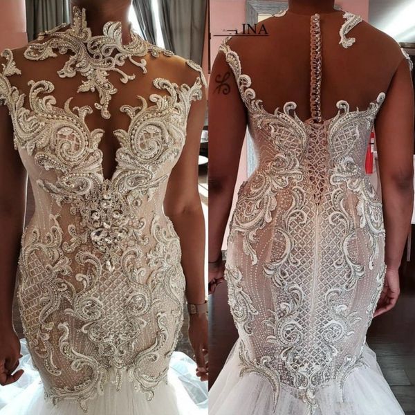 

2020 exquisite heavy handwork mermaid wedding dresses beaded crystal high neck bridal gowns vestidos de novia plus size covered button, White