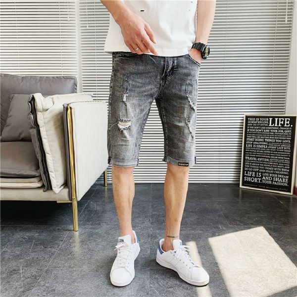 

men's jeans fashion men short cotton summer korean style ripped stretch denim shorts mens streetwear black straight jean, Blue